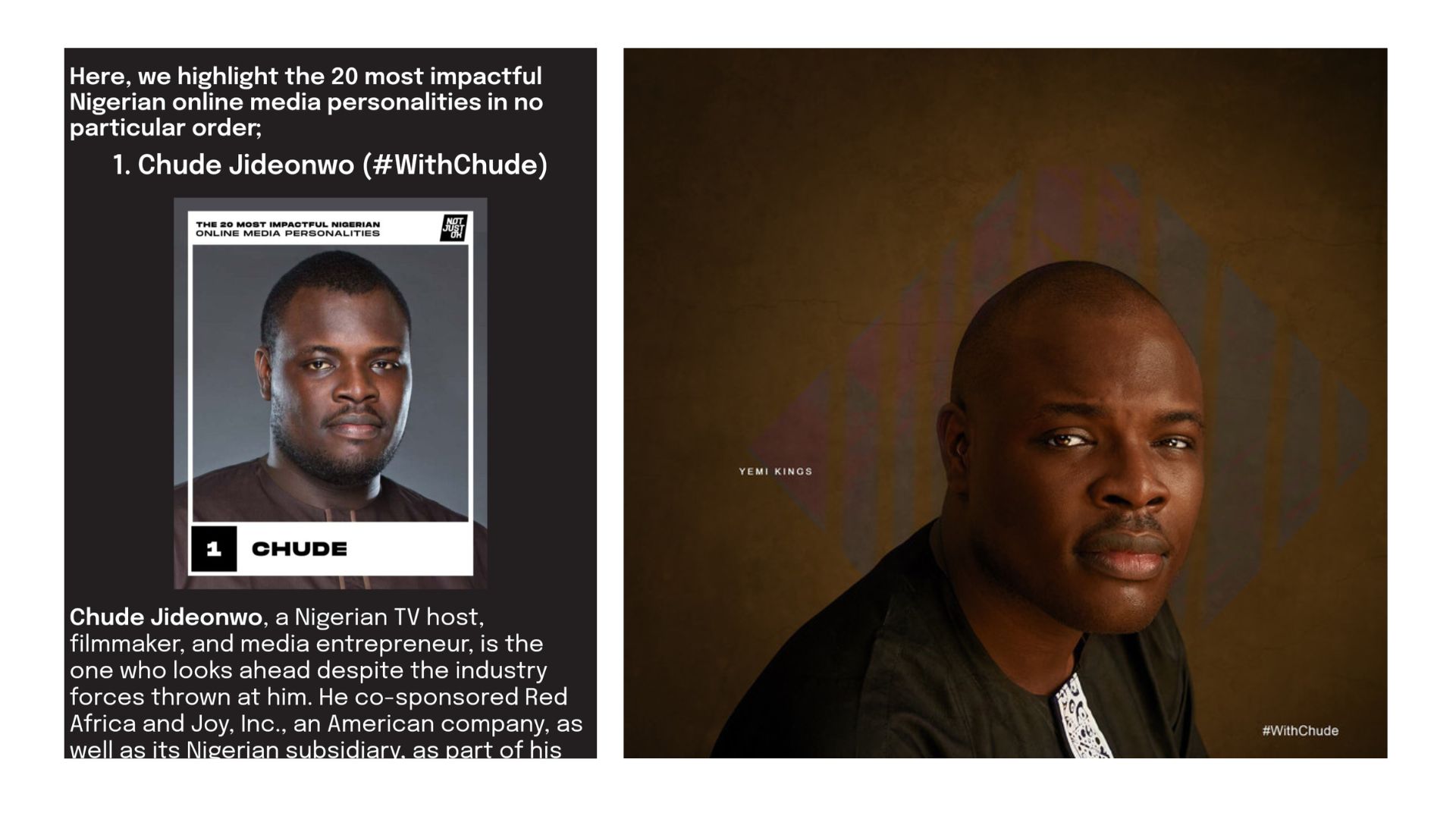 Chude Jideonwo named one of the 20 Most Impactful Nigerian Online Media Personalities.